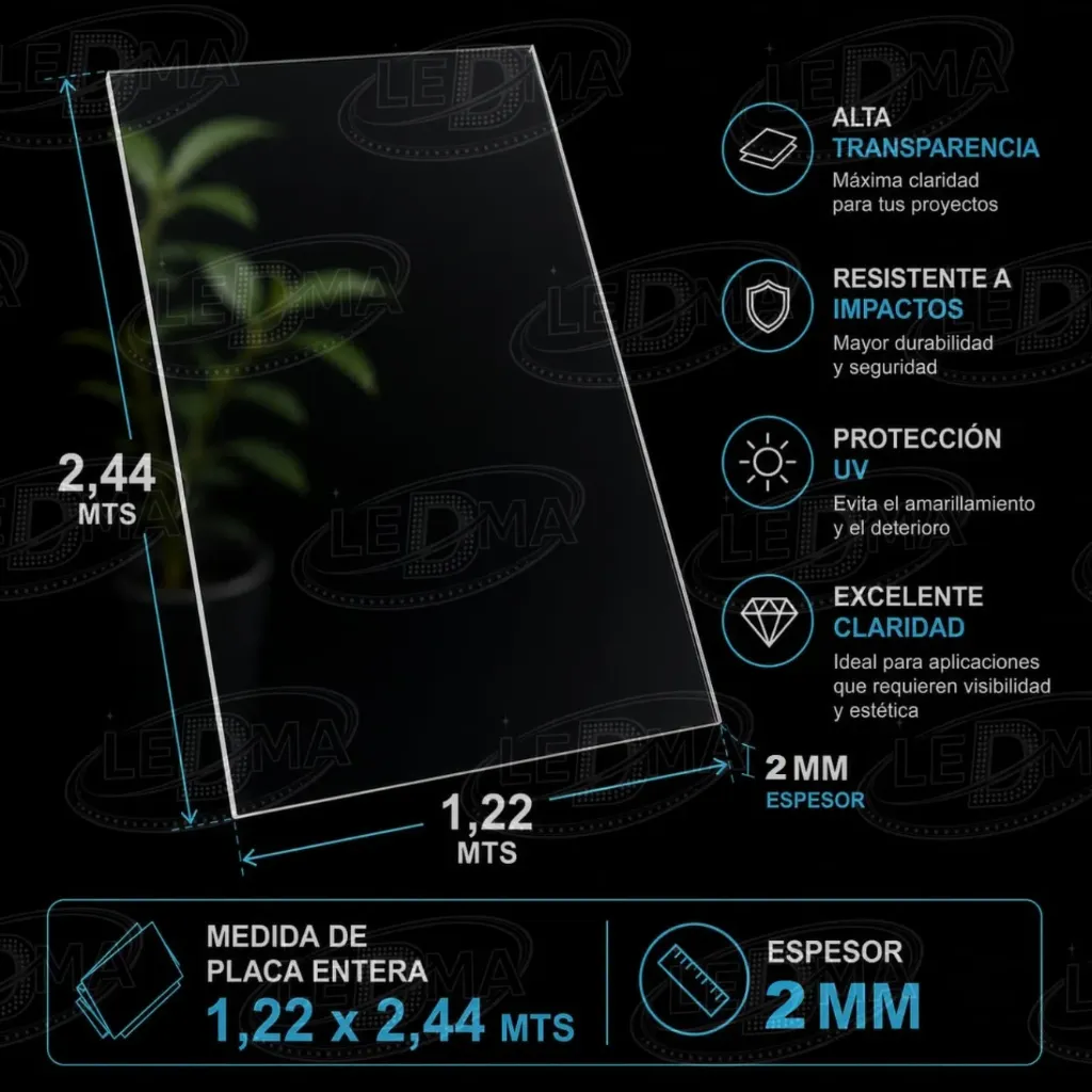 2 mm Placa  Entera Policarbonato compacto Cristal (1.22mts x 2.44mts)