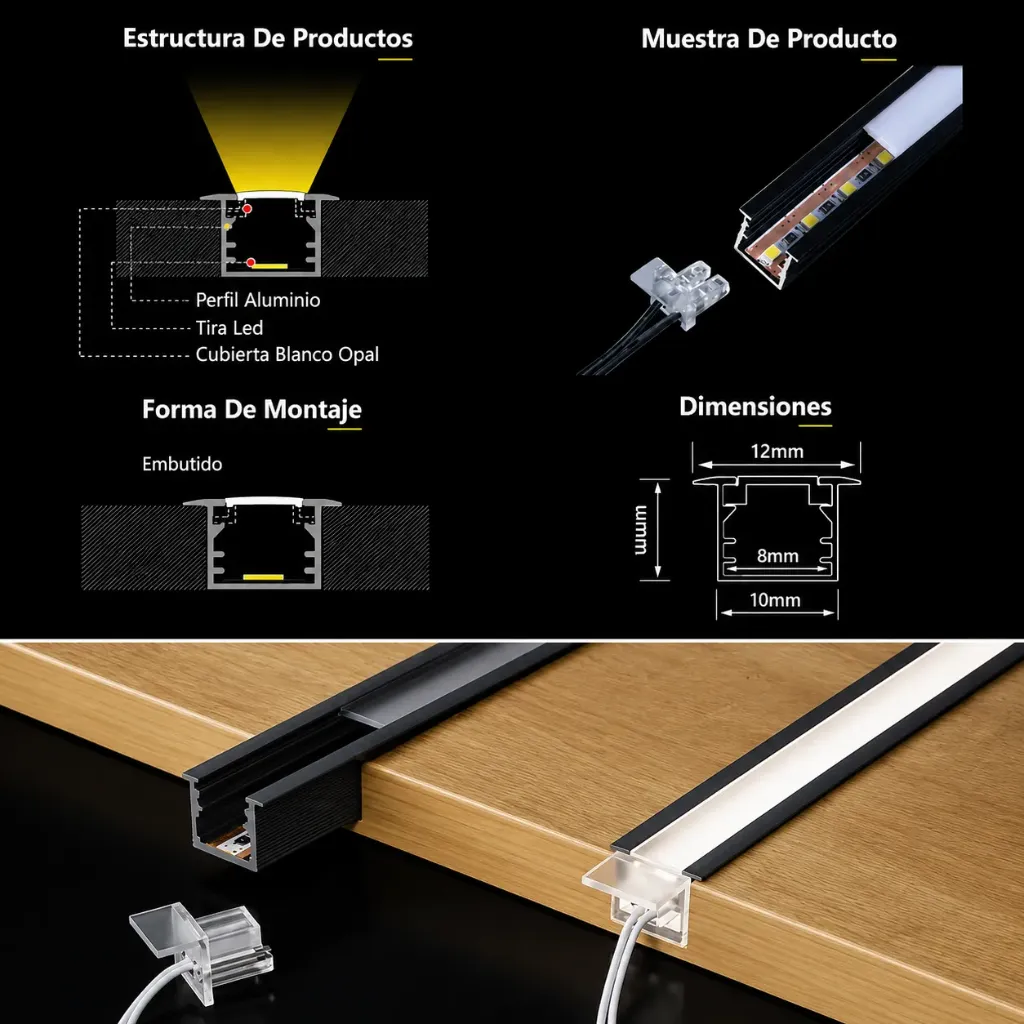 [p-1010a-sinsoldar] Perfil de Aluminio P-1010A P/LED – 2mts – Sistema Sin Soldar