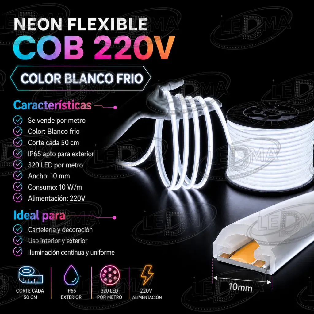 [N-220v-COB-320D-IP65] Neon Flexible COB 220v - 320d/m - IP65 exterior Blanco Frio - X METRO