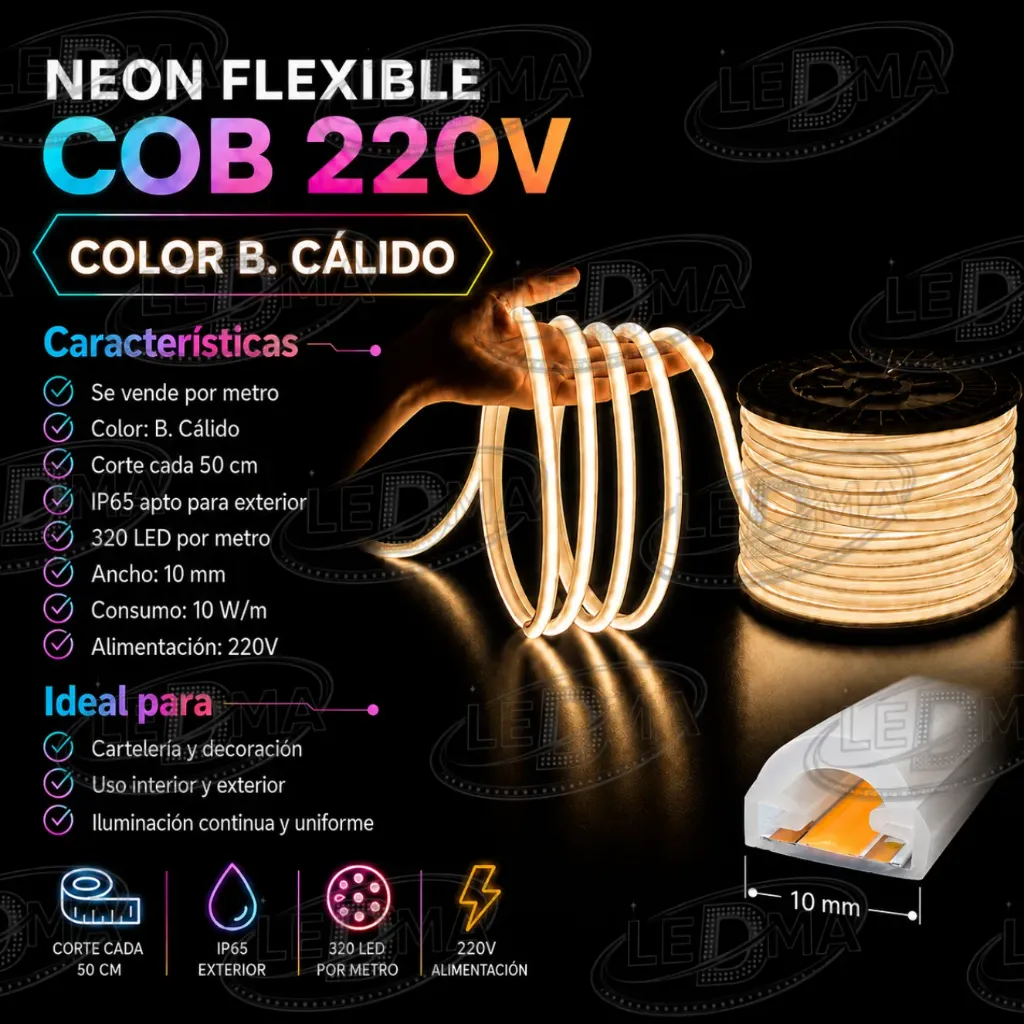 [N-220v-COB-320D-IP65] Neon Flexible COB 220v - 320d/m - IP65 exterior Blanco Calido - X METRO