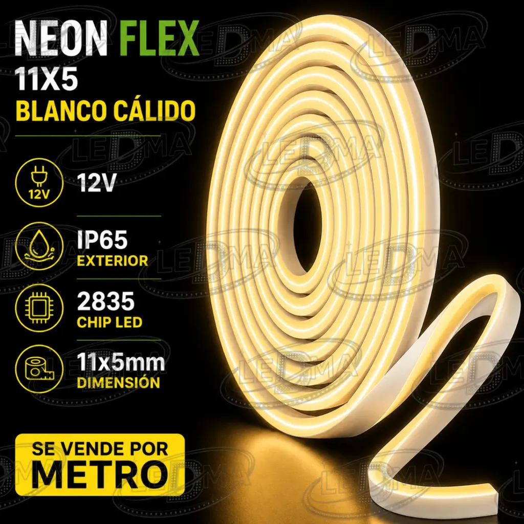 11x5 Neon Flex - B.CALIDO - 12v - ip65 exterior - 2835  X METRO