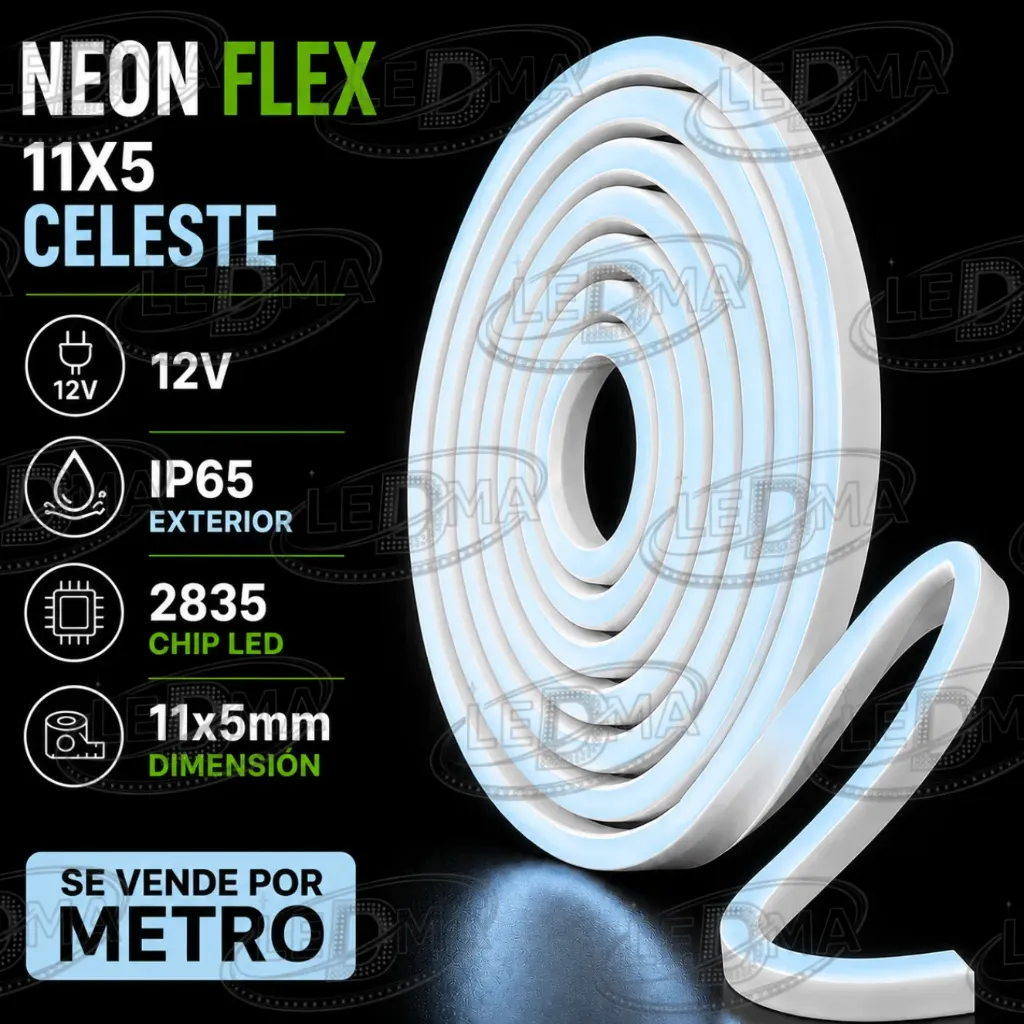 [2835-120LED-IP67-5+11MM 12V] 11x5 Neon Flex - CELESTE - 12v - ip65 exterior - 2835  X METRO