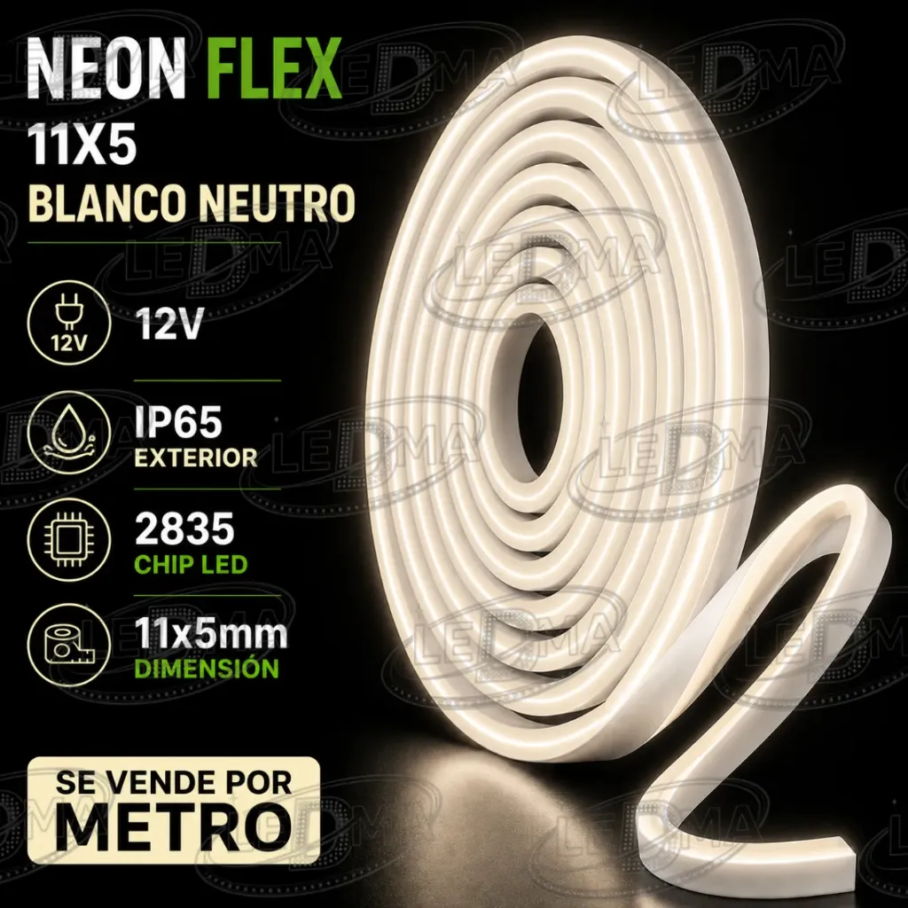 [2835-120LED-IP67-5+11MM 12V] 11x5 Neon Flex - B.NEUTRO - 12v - ip65 exterior - 2835  X METRO