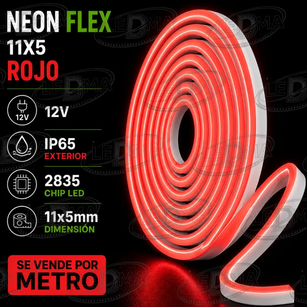 [2835-120LED-IP67-5+11MM 12V] 11x5 Neon Flex - ROJO - 12v - ip65 exterior - 2835  X METRO