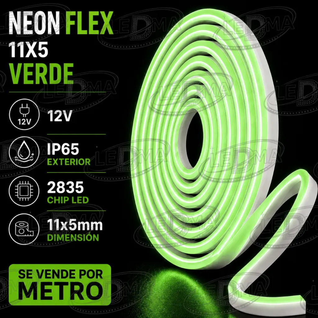 [2835-120LED-IP67-5+11MM 12V] 11x5 Neon Flex - VERDE - 12v - ip65 exterior - 2835  X METRO