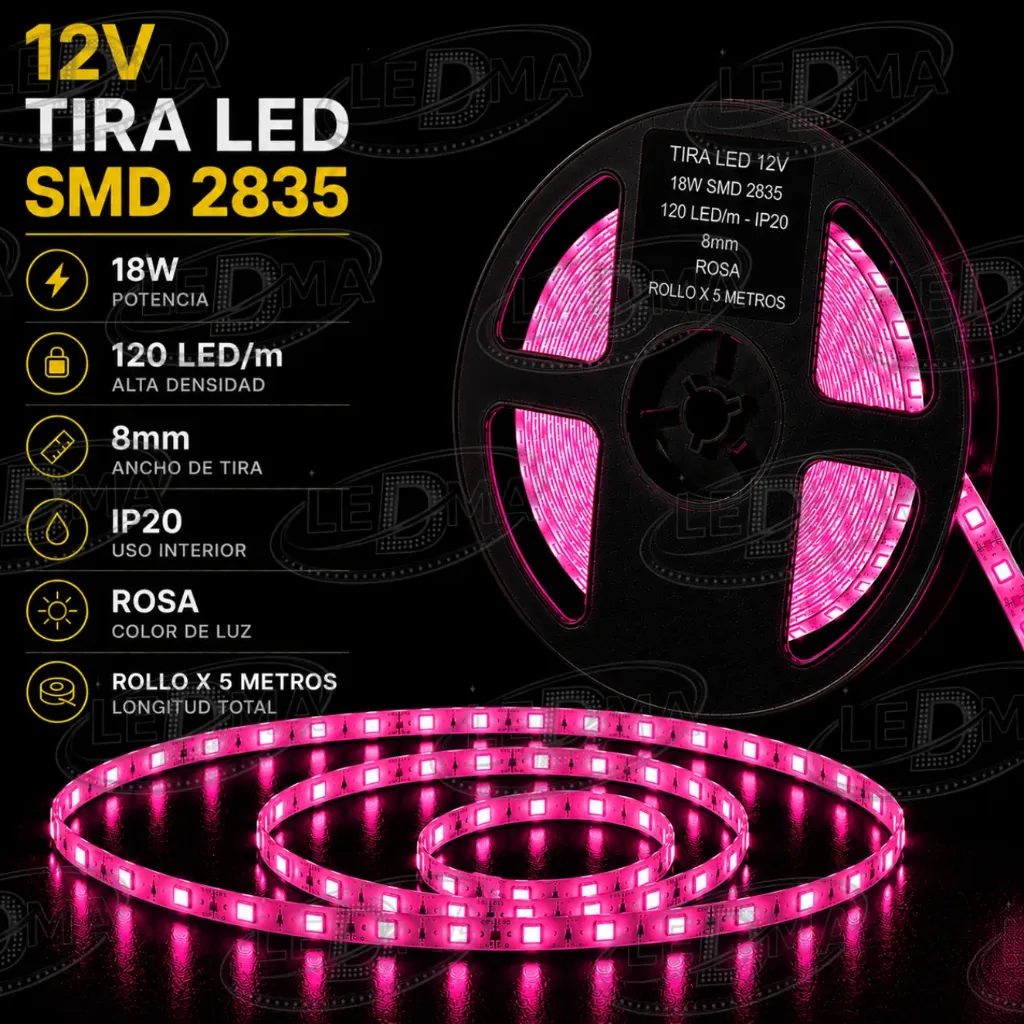 [12v-2835-120led-ip20-8mm ROSA] Tira LED 12V - 18w SMD 2835 - 120 LED/m - IP20 interior - 8mm (ROSA) ROLLO X 5METROS