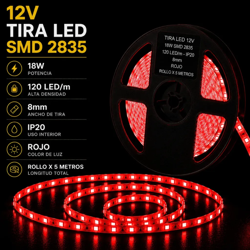Tira LED 12V - 18w SMD 2835 - 120 LED/m - IP20 interior - 8mm (ROJO) ROLLO X 5METROS