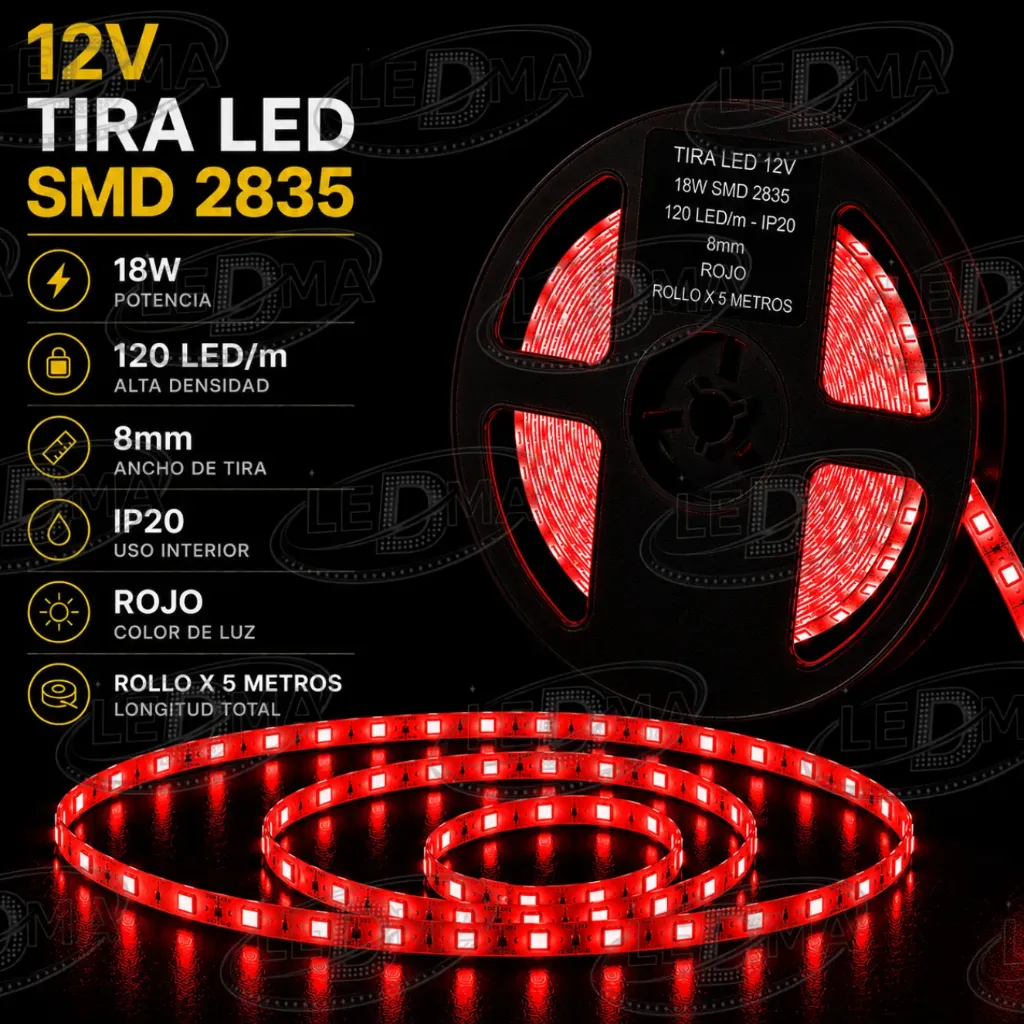 Tira LED 12V - 18w SMD 2835 - 120 LED/m - IP20 interior - 8mm (ROJO) ROLLO X 5METROS