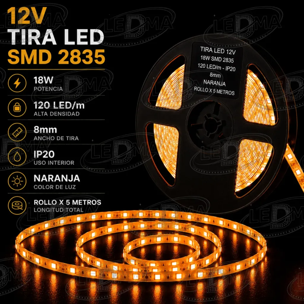 Tira LED 12V - 18w SMD 2835 - 120 LED/m - IP20 interior - 8mm (NARANJA) ROLLO X 5METROS