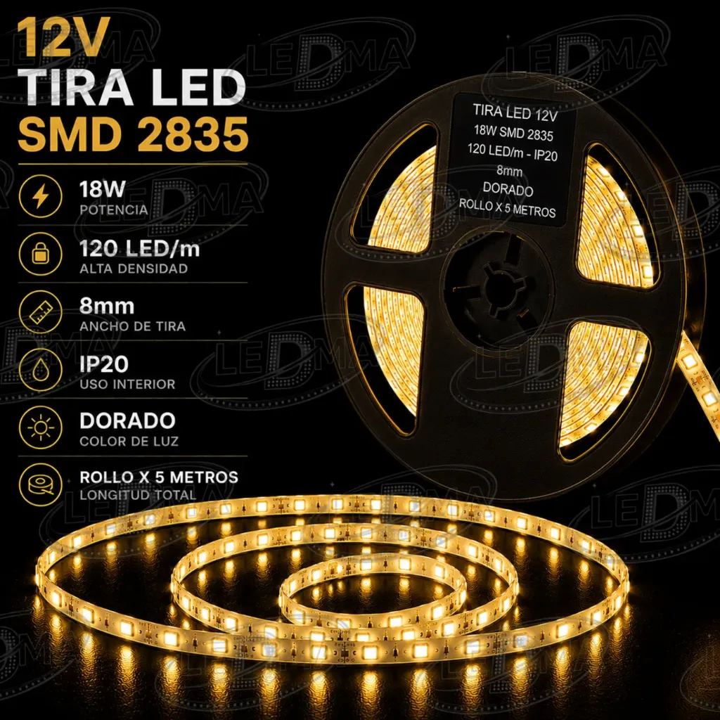 Tira LED 12V - 18w SMD 2835 - 120 LED/m - IP20 interior - 8mm (DORADO) ROLLO X 5METROS