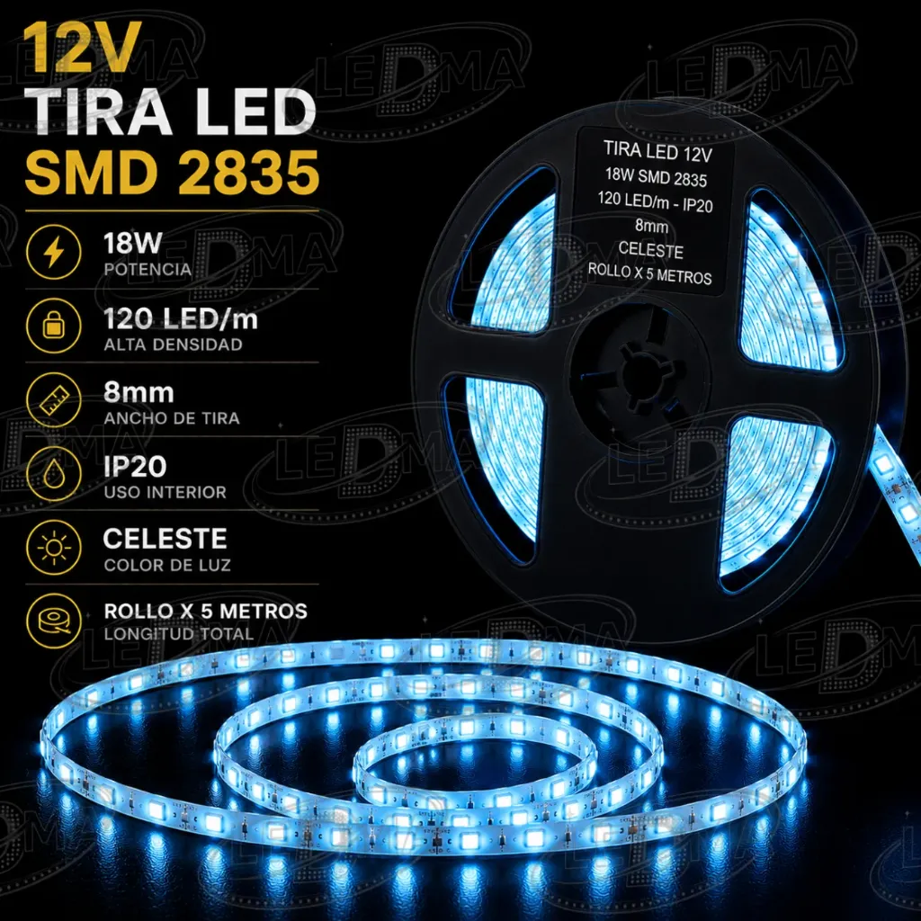 [12v-2835-120led-ip20-8mm CELESTE] Tira LED 12V - 18w SMD 2835 - 120 LED/m - IP20 interior - 8mm (CELESTE) ROLLO X 5METROS