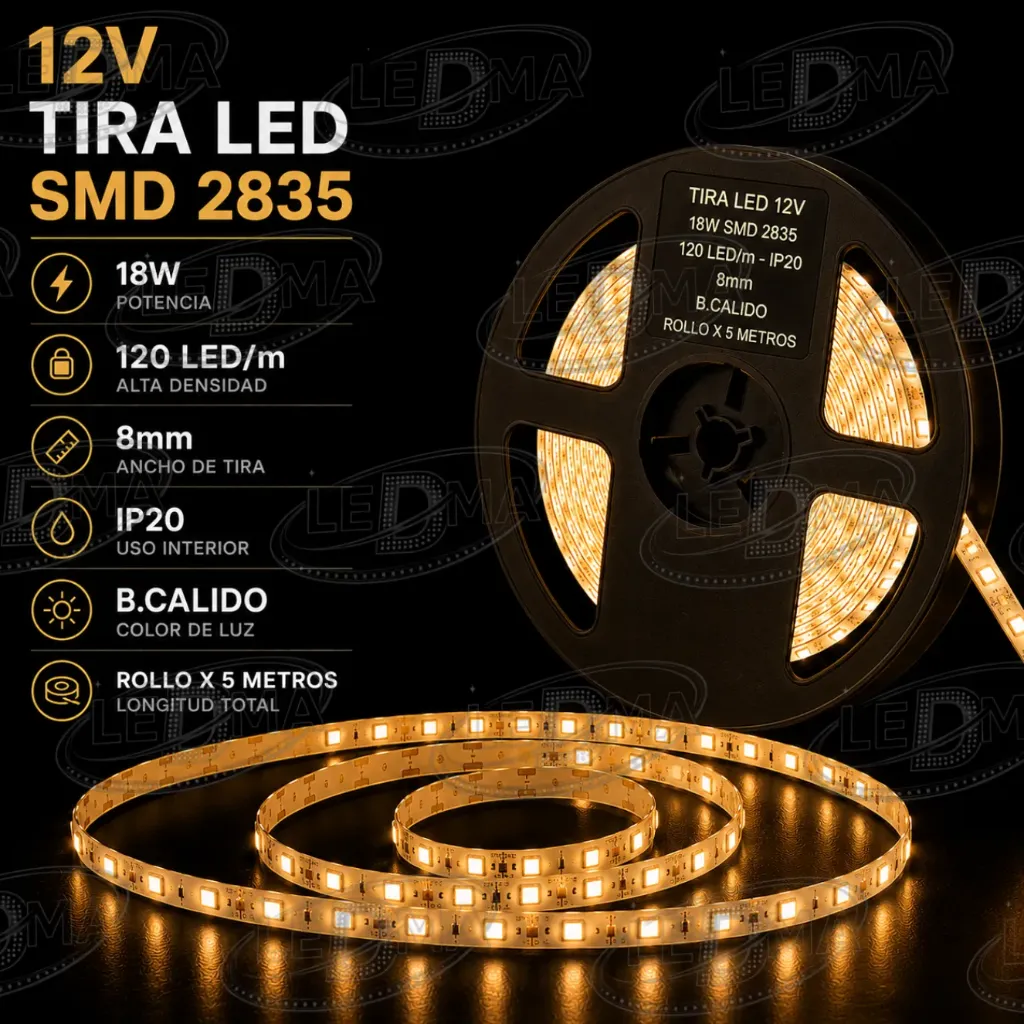 Tira LED 12V - 18w SMD 2835 - 120 LED/m - IP20 interior - 8mm (B.CALIDO) ROLLO X 5METROS