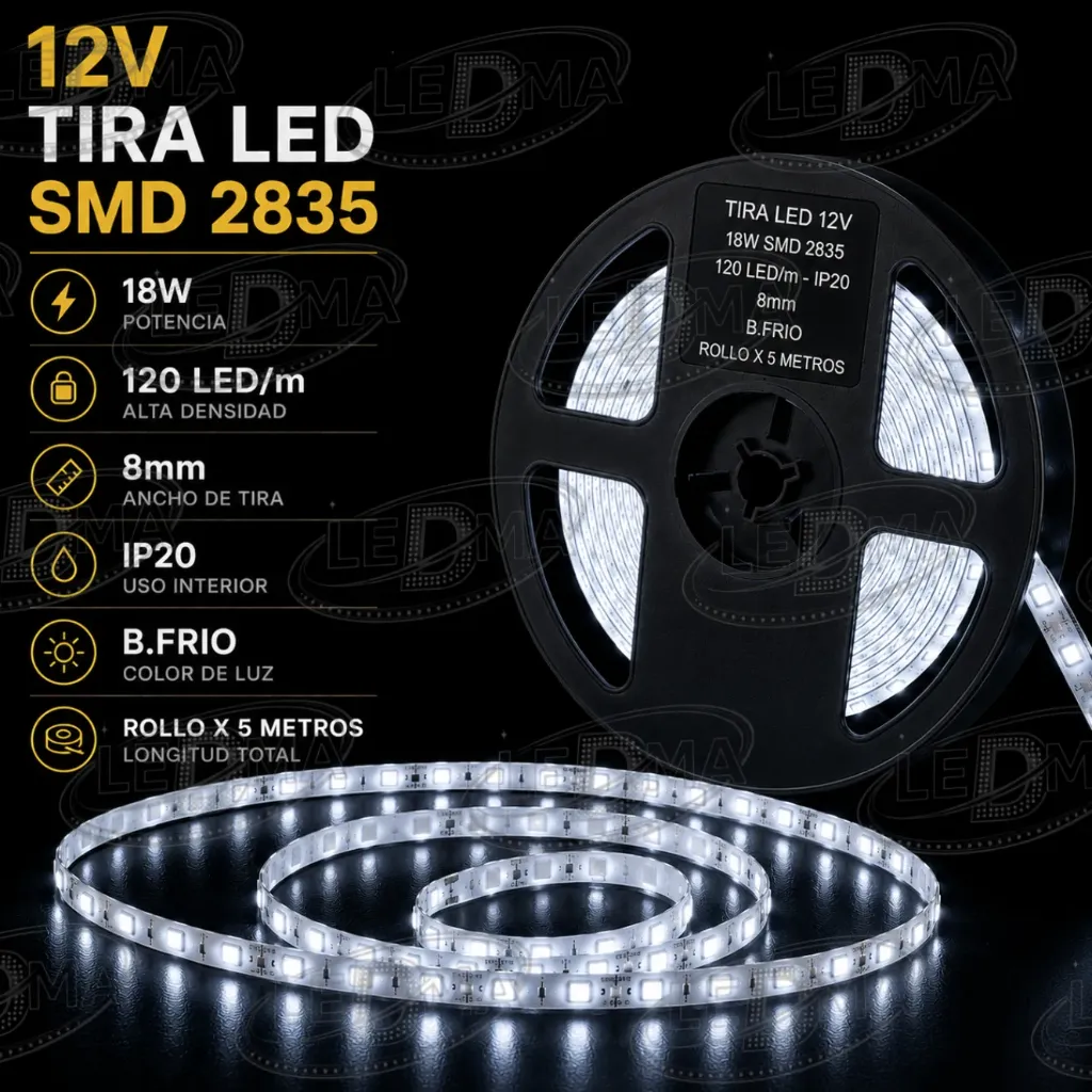Tira LED 12V - 18w SMD 2835 - 120 LED/m - IP20 interior - 8mm (B.FRIO) ROLLO X 5METROS
