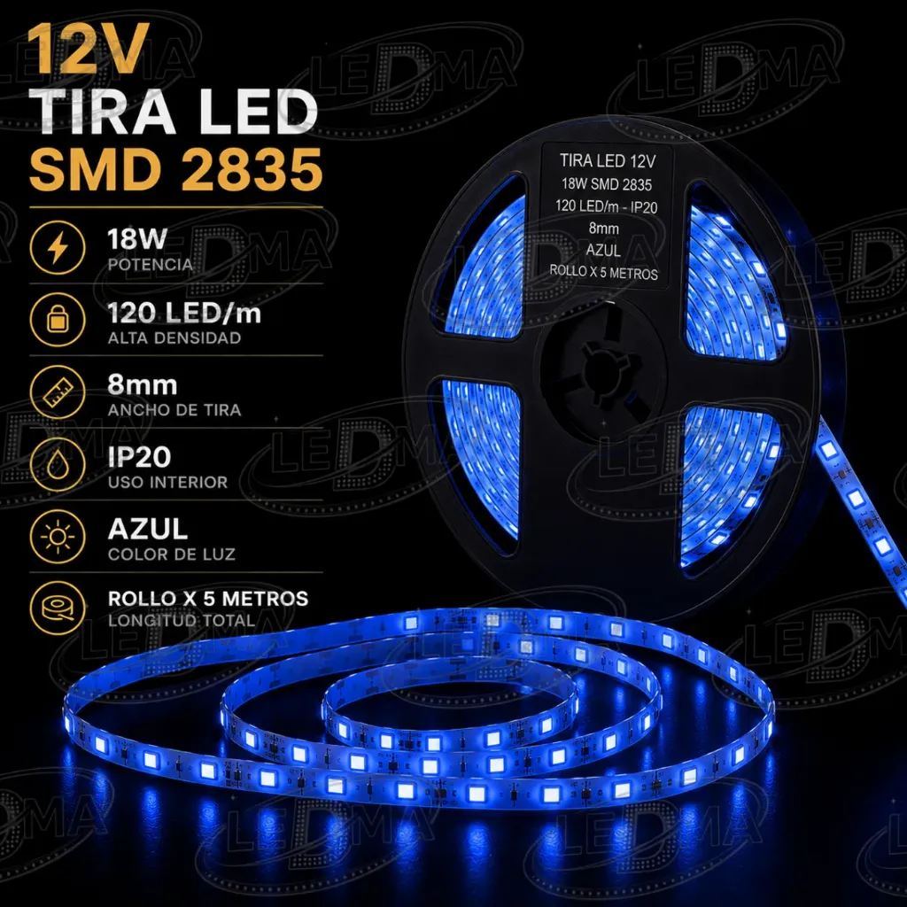 Tira LED 12V - 18w SMD 2835 - 120 LED/m - IP20 interior - 8mm (AZUL) ROLLO X 5METROS