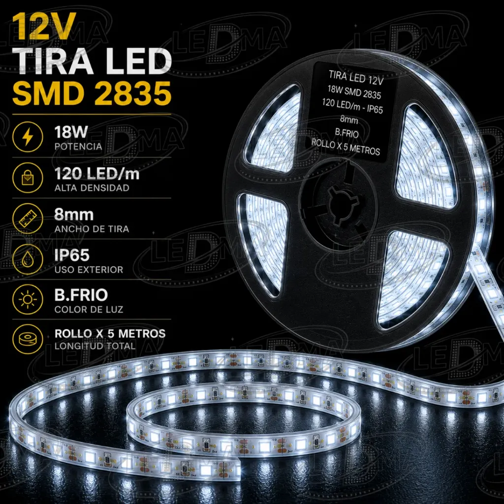 [12V-2835-120LED-IP65-8MM B.FRIO] Tira LED 12V - 18w SMD 2835 - 120 LED/m - IP65 exterior - 8mm (B.FRIO) ROLLO X 5METROS