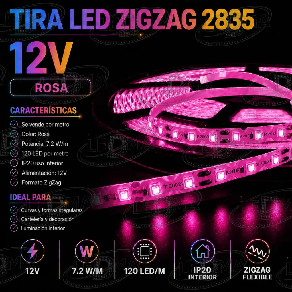[12V-S2835-120D-IP20] Tira LED ZigZag 2835 - 12V - 7.2W/m - 120led/m - IP20 interior (ROSA) X METRO