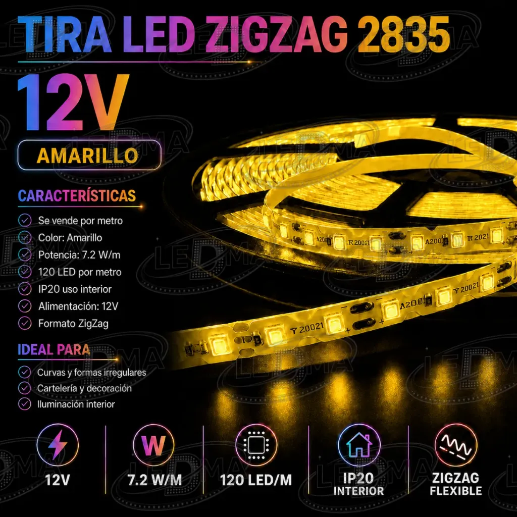 [12V-S2835-120D-IP20] Tira LED ZigZag 2835 - 12V - 7.2W/m - 120led/m - IP20 interior (AMARILLO) X METRO