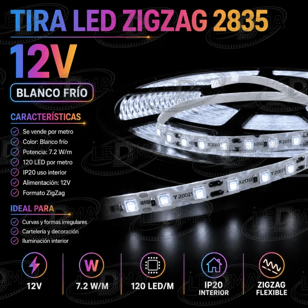 [12V-S2835-120D-IP20-B.FRIO] Tira LED ZigZag 2835 - 12V - 7.2W/m - 120led/m - IP20 interior (B.FRIO) X METRO