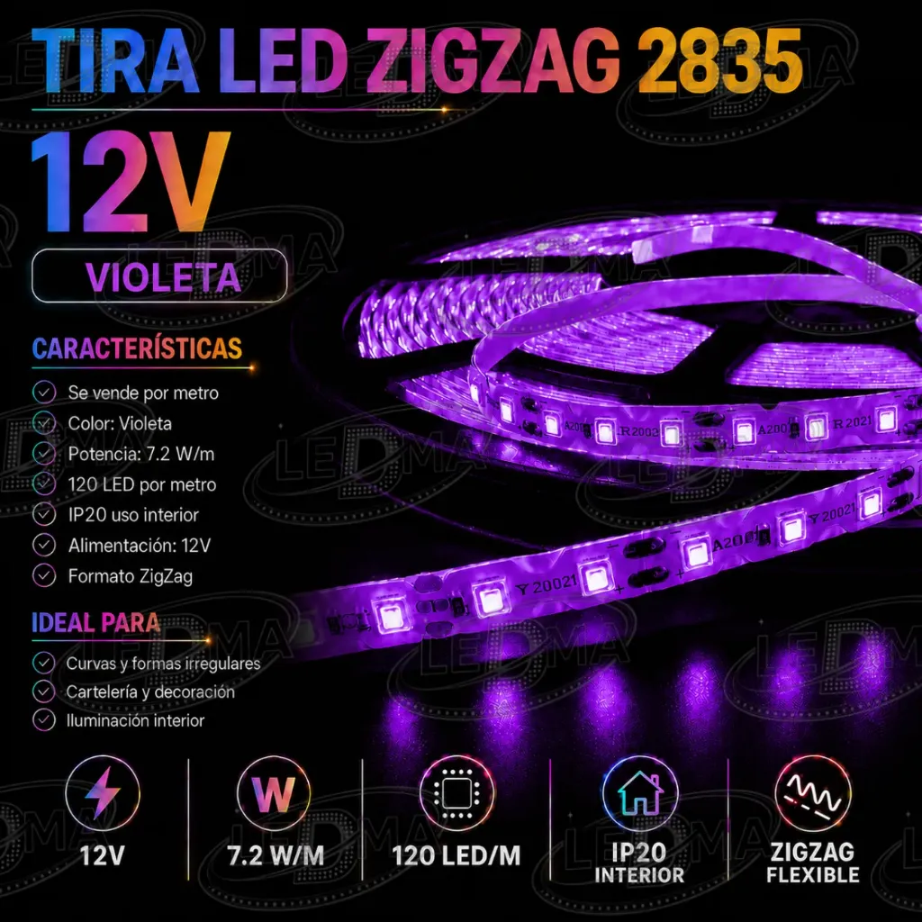 [12V-S2835-120D-IP20] Tira LED ZigZag 2835 - 12V - 7.2W/m - 120led/m - IP20 interior (VIOLETA) X METRO