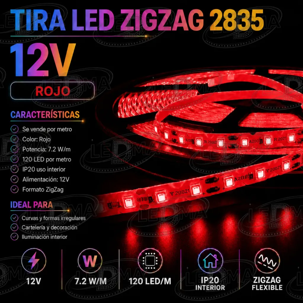 [12V-S2835-120D-IP20] Tira LED ZigZag 2835 - 12V - 7.2W/m - 120led/m - IP20 interior (ROJO) X METRO