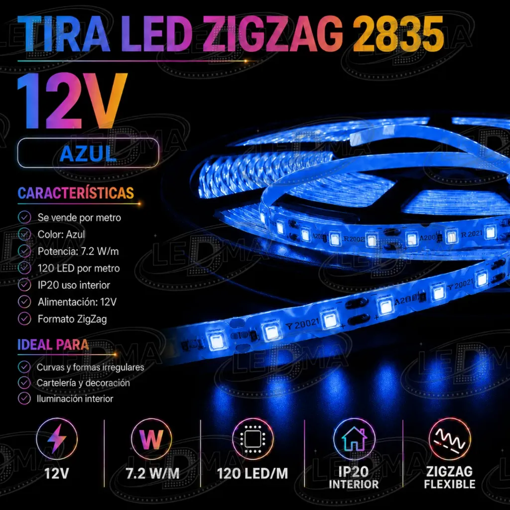 [12V-S2835-120D-IP20] Tira LED ZigZag 2835 - 12V - 7.2W/m - 120led/m - IP20 interior (AZUL) X METRO