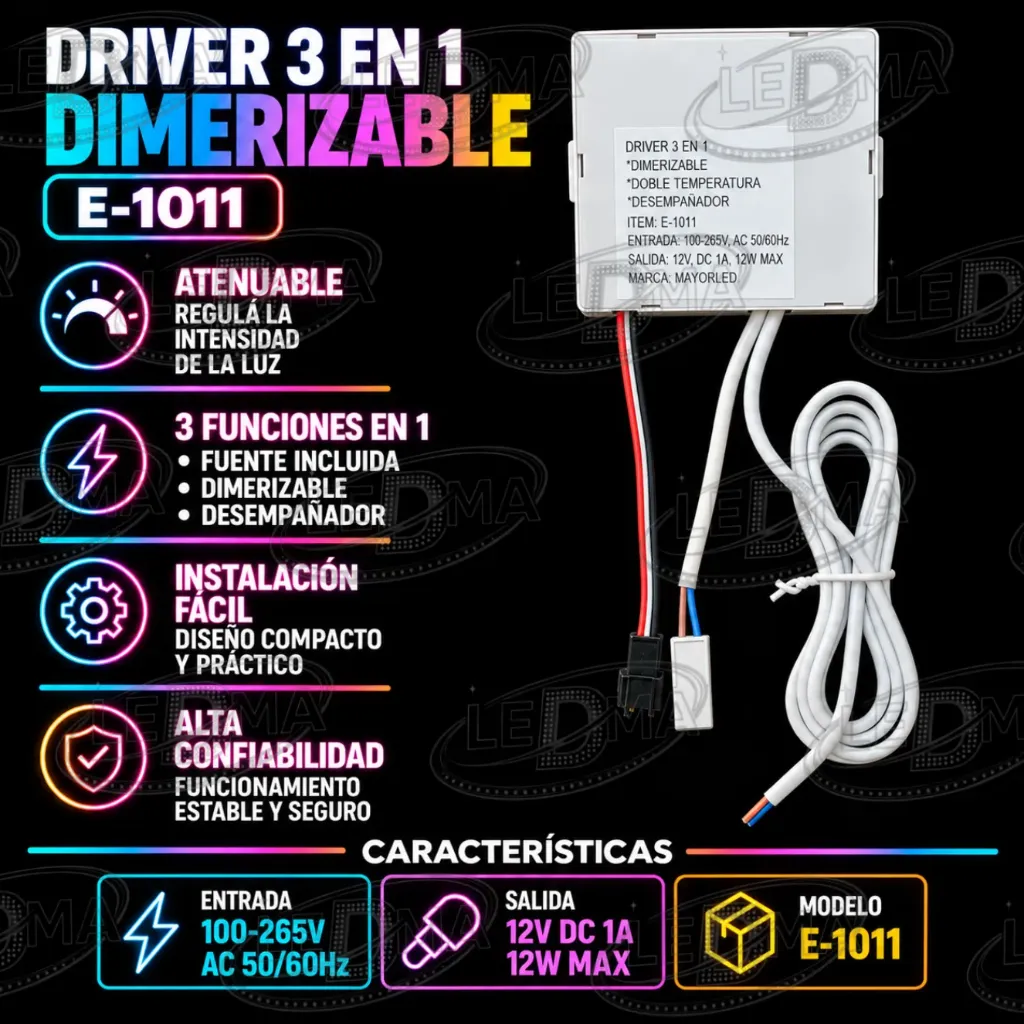 [E-1011] Driver 3 en 1 Touch  - Color Doble temperatura Dimerizable + Fuente integrada 220v entrada / 12V salida + Desempañador