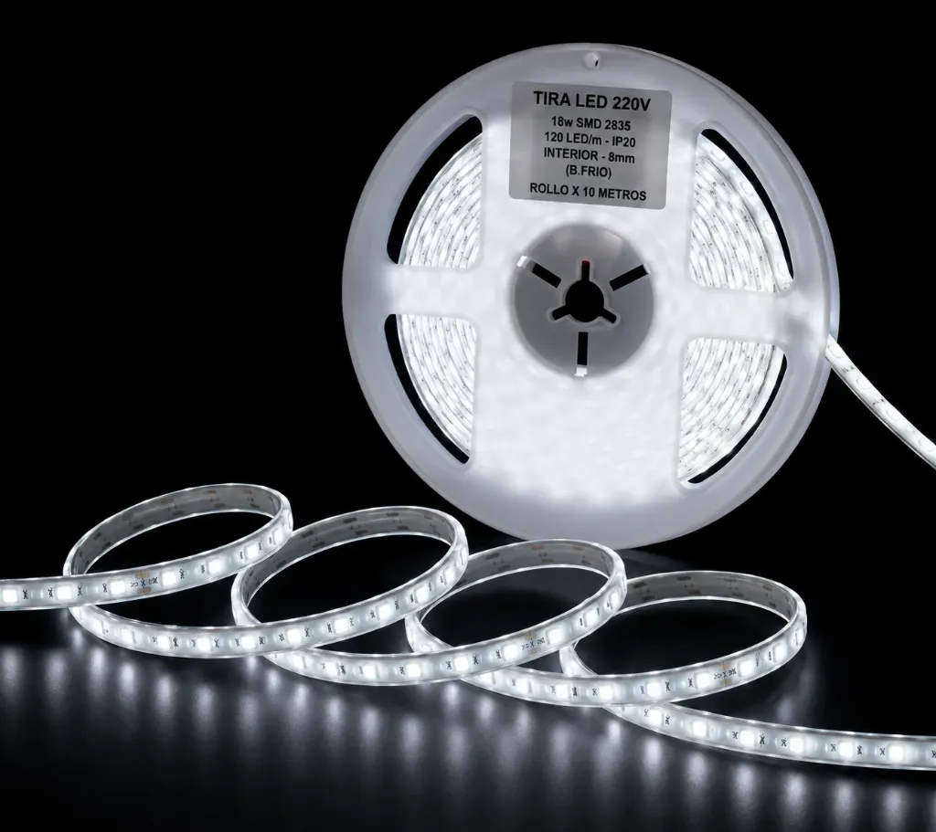 [2835-8mm-120d-220v B.Frio] Tira LED 220V - 18w SMD 2835 - 120 LED/m - IP20 interior - 8mm (B.FRIO) ROLLO X 10METROS