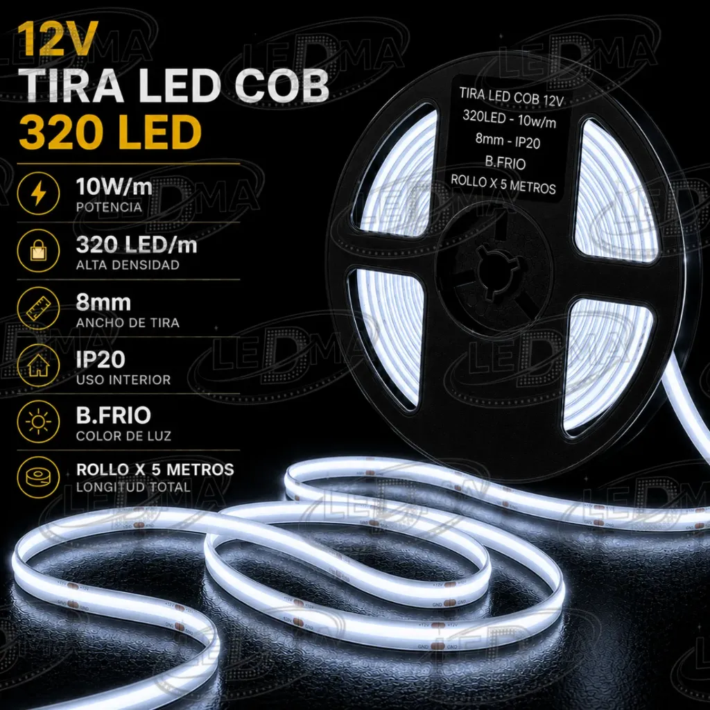 [12v-cob-320led-8mm B.FRIO] Tira led COB 12V - 320LED - 10w/m - 8mm - IP20 Interior - (B.FRIO) ROLLO X5 METROS
