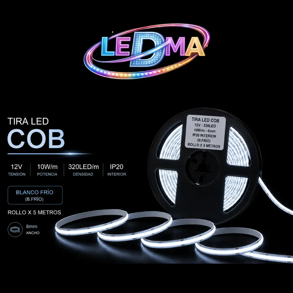 [12v-cob-320led-8mm B.Frio] Tira led COB 12V - 320LED - 10w/m - 8mm - IP20 Interior - (B.FRIO) ROLLO X5 METROS