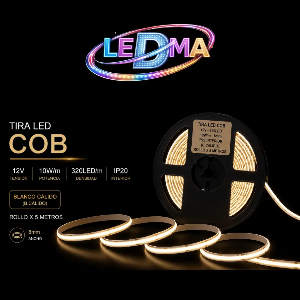 [12v-cob-320led-8mm B.Calido] Tira led COB 12V - 320LED - 10w/m - 8mm - IP20 Interior - (B.CALIDO) ROLLO X5 METROS