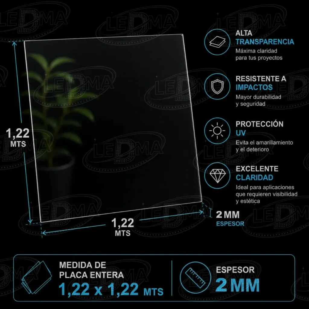 2 mm 1/2 Placa Policarbonato compacto Cristal (1.22mts x 1.22mts)