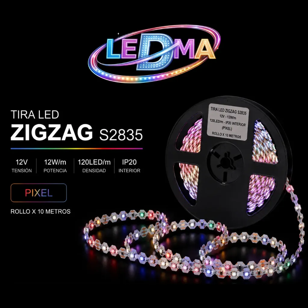[zigzag-s2835-10mts] Tira LED ZigZag s2835 - 12V - 12W/m - 120led/m - IP20 interior (PIXEL) ROLLO X10 METROS