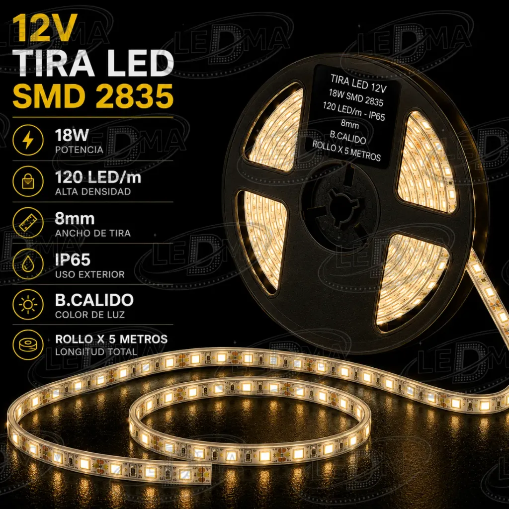 Tira LED 12V - 18w SMD 2835 - 120 LED/m - IP65 exterior - 8mm (B.CALIDO) ROLLO X 5METROS