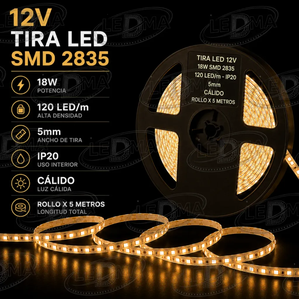 Tira LED 12V - 18w SMD 2835 - 120 LED/m - IP20 interior - 5mm (B.CALIDO) ROLLO X 5METROS