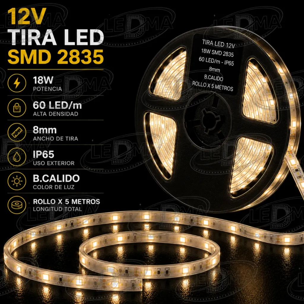 [60ledip65x5mts B:CALIDO] Tira LED 12V - 18w SMD 2835 - 60 LED/m - IP65 exterior - 8mm (B.CALIDO) ROLLO X 5METROS