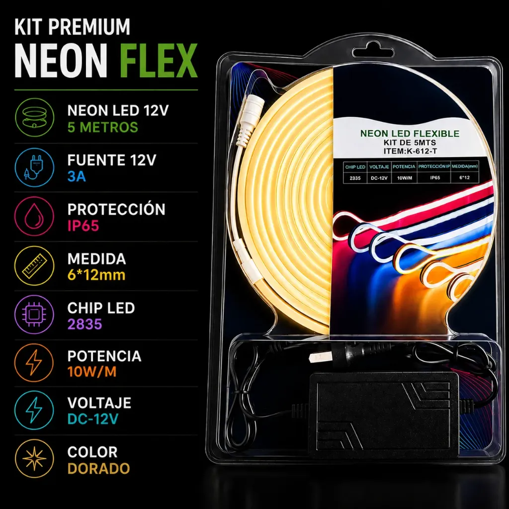 [k-612-t dorado] Kit Premium Neón Flex LED 12V Dorado – 5 Metros + Fuente 12V 3A