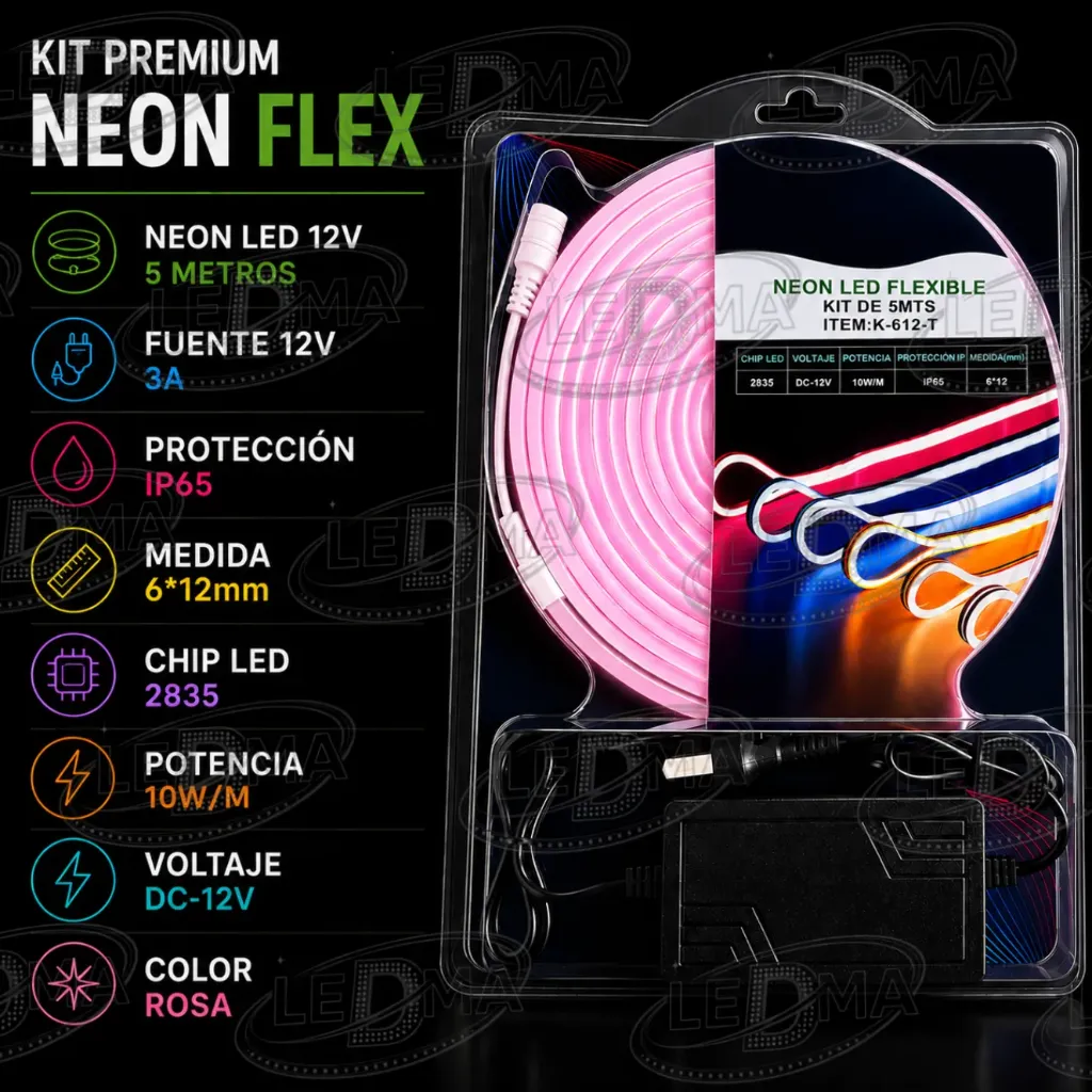 [k-612-t rosa] Kit Premium Neón Flex LED 12V ROSA – 5 Metros + Fuente 12V 3A