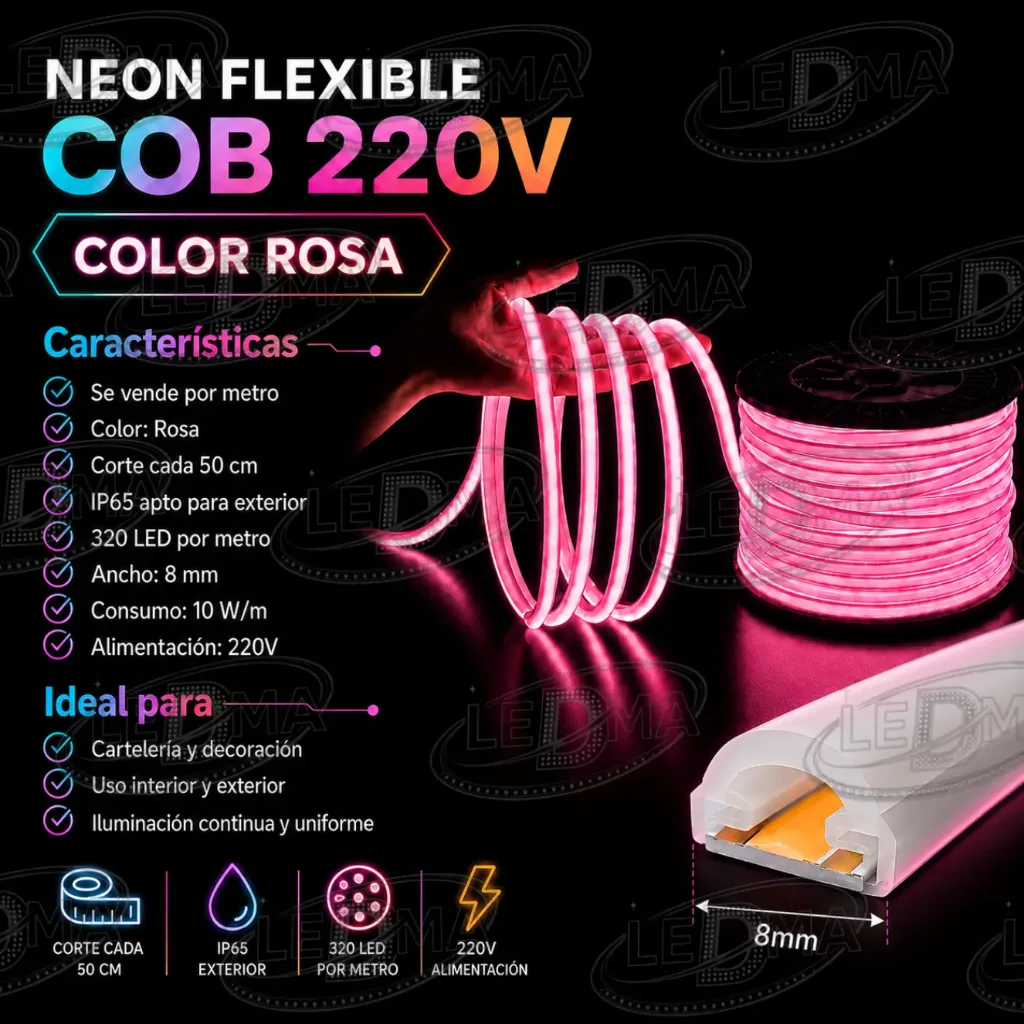 [N-220v-COB-320D-IP65 ROSA] Neon Flexible COB 220v - 320d/m - IP65 exterior ROSA - X METRO
