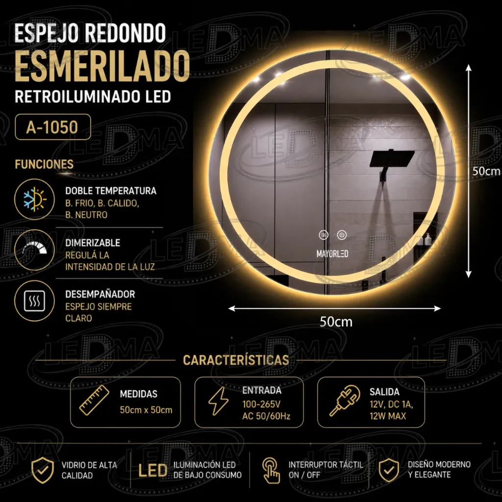 [A-1050] Espejo Redondo Esmerilado Retroiluminado LED (A-1050)