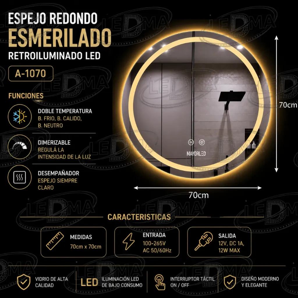 [A-1070] Espejo Redondo Esmerilado Retroiluminado LED (A-1070)