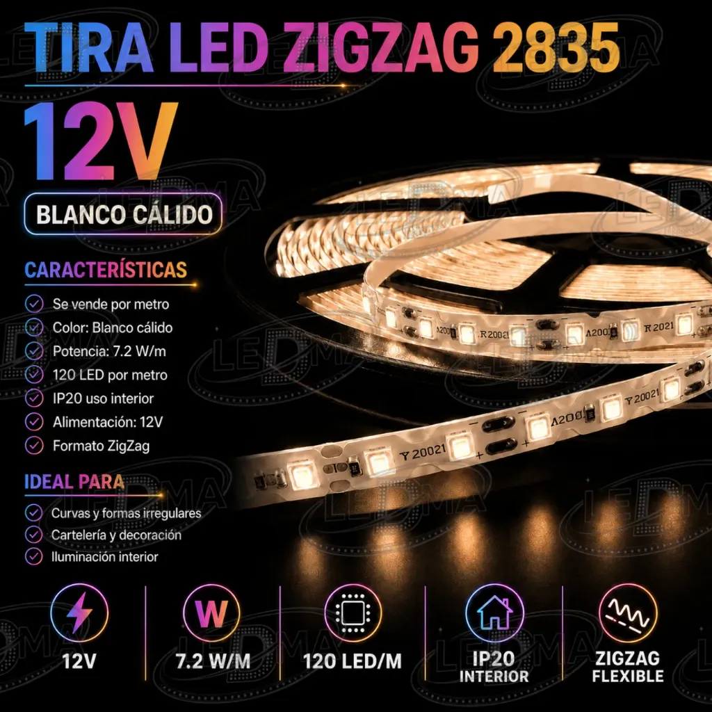 [12V-S2835-120D-IP20-B.CALIDO] Tira LED ZigZag 2835 - 12V - 7.2W/m - 120led/m - IP20 interior (B.CALIDO) X METRO