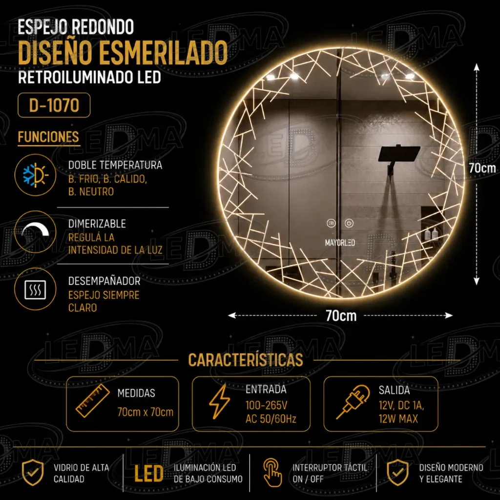 [D-1070] Espejo Redondo Diseño Esmerilado Retroiluminado LED (D-1070)