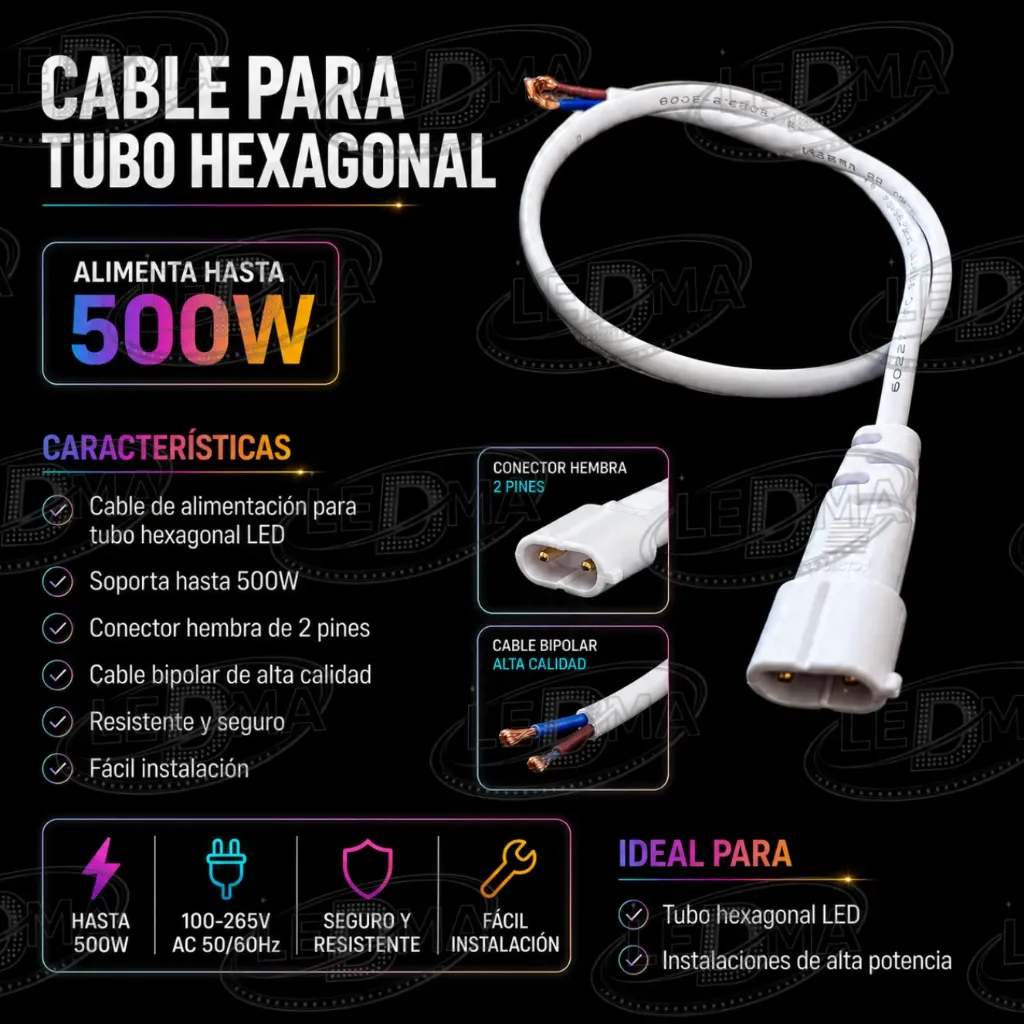 Cable de Alimentación para Tubo Hexagonal LED – Hasta 500W